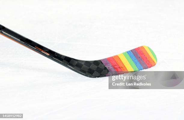 View of a rainbow taped stick of the Philadelphia Flyers during warm-ups prior to an NHL game against the Anaheim Ducks at the Wells Fargo Center on...