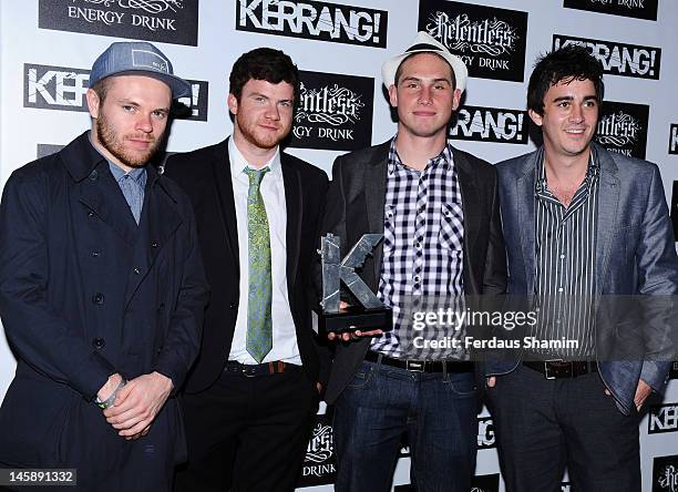 Winners of Best Live Band Peter Wafzig, Rory Clewlow, Rob Rolfe and Chris Batten of Enter Shikari pose in the Winners Area during the Kerrang! Awards...