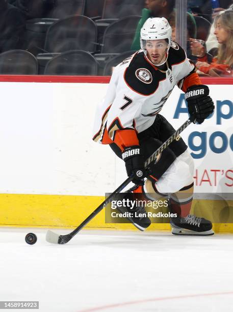 Jayson Megna of the Anaheim Ducks skates the puck against the Philadelphia Flyers at the Wells Fargo Center on January 17, 2023 in Philadelphia,...