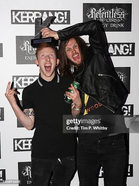 Laurence Taylor and Mat Welsh of While She Sleeps with their Best British Newcomer award during the Kerrang! Awards at The Brewery on June 7, 2012 in...