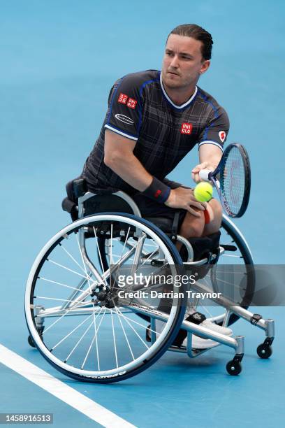 Gordon Reid of Great Britain plays a backhand in his Men's Wheelchair Singles match against Tom Egberink of the Netherlands during day nine of the...