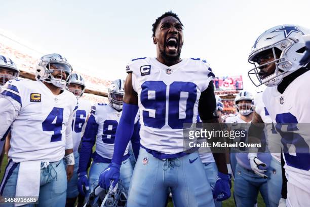 DeMarcus Lawrence of the Dallas Cowboys reacts as he leads a huddle prior to an NFL divisional round playoff football game between the San Francisco...