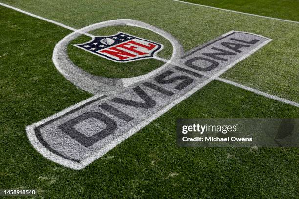 Detail view of a divisional logo on the field prior to an NFL divisional round playoff football game between the San Francisco 49ers and the Dallas...