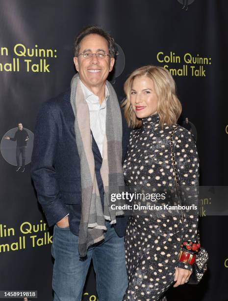 Jerry Seinfeld and Jessica Seinfeld attend "Colin Quinn: Small Talk" Opening Night at The Lucille Lortel Theatre on January 23, 2023 in New York City.