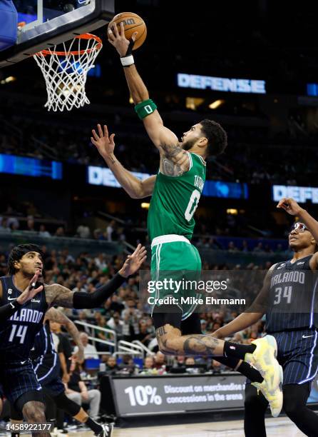 Jayson Tatum of the Boston Celtics drives to the basket during a game against the Orlando Magic at Amway Center on January 23, 2023 in Orlando,...