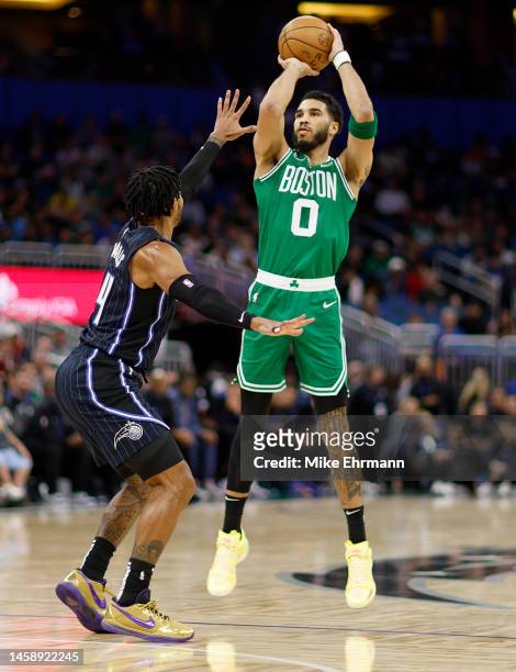 Jayson Tatum of the Boston Celtics shoots during a game against the Orlando Magic at Amway Center on January 23, 2023 in Orlando, Florida. NOTE TO...