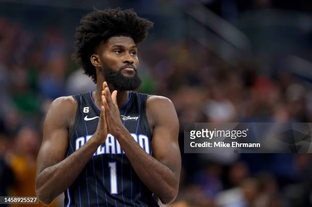 Jonathan Isaac of the Orlando Magic looks on during a game against the Boston Celtics at Amway Center on January 23, 2023 in Orlando, Florida. NOTE...
