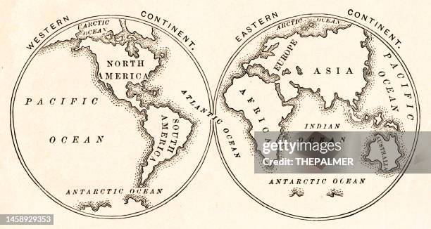 map of the world in hemispheres 1882 - eastern hemisphere stock illustrations