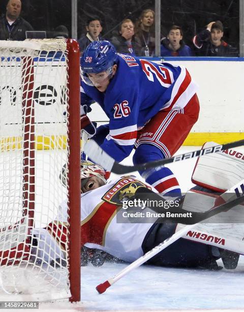 Jimmy Vesey of the New York Rangers scores a second period goal against Alex Lyon of the Florida Panthers at Madison Square Garden on January 23,...