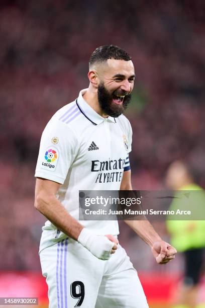 Karim Benzema of Real Madrid celebrates after scoring goal during the LaLiga Santander match between Athletic Club and Real Madrid CF at San Mames...