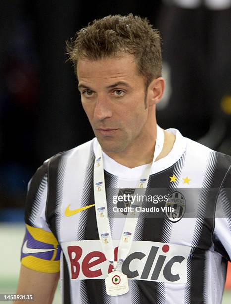 Juventus' forward Alessandro Del Piero reacts after the Tim Cup match between Juventus FC and SSC Napoli at Olimpico Stadium on May 20, 2012 in Rome,...