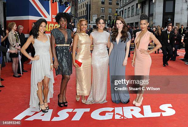 Hannah Frankson, Lashana Lynch, Lorraine Burroughs, Leonora Crichlow, Lily James and Dominique Tipper attend the UK film premiere of 'Fast Girls' at...