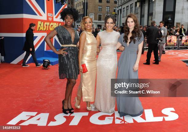 Lashana Lynch, Lorraine Burroughs, Leonora Crichlow and Lily James attend the UK film premiere of 'Fast Girls' at Odeon West End on June 7, 2012 in...