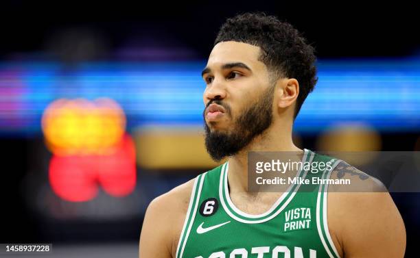 Jayson Tatum of the Boston Celtics looks on during a game against the Orlando Magic at Amway Center on January 23, 2023 in Orlando, Florida. NOTE TO...