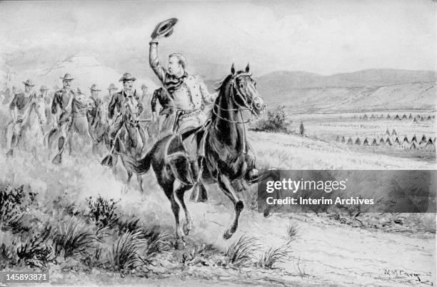 Illustration shows General George Armstrong Custer waving his hat to rally his troops as they ride against Native Americans, late nineteenth century....