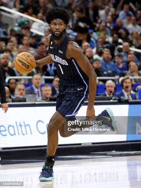 Jonathan Isaac of the Orlando Magic looks to pass during a game against the Boston Celtics at Amway Center on January 23, 2023 in Orlando, Florida....