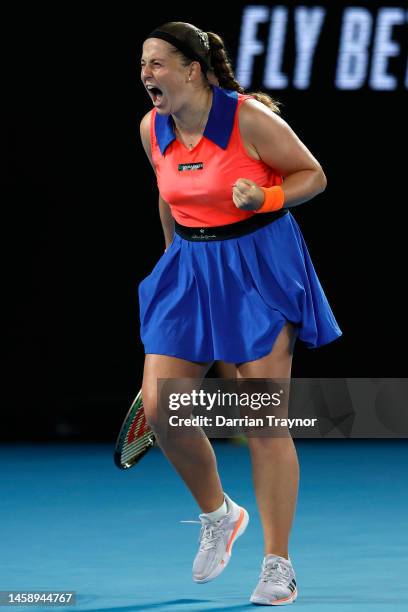 Jelena Ostapenko of Latvia celebrates during the quarterfinal singles match against Elena Rybakina of Kazakhstan during day nine of the 2023...
