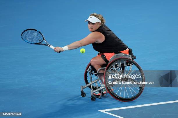 Aniek Van Koot of Netherlands plays a backhand in the Women's Wheelchair Singles against Angelica Bernal of Colombia during day nine of the 2023...