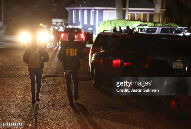 Agents arrive at the scene of a shooting on January 23, 2023 in Half Moon Bay, California. Seven people were killed at two separate farm locations...