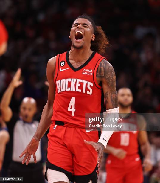 Jalen Green of the Houston Rockets reacts after making a three point basket against the Minnesota Timberwolves during the fourth quarter at Toyota...