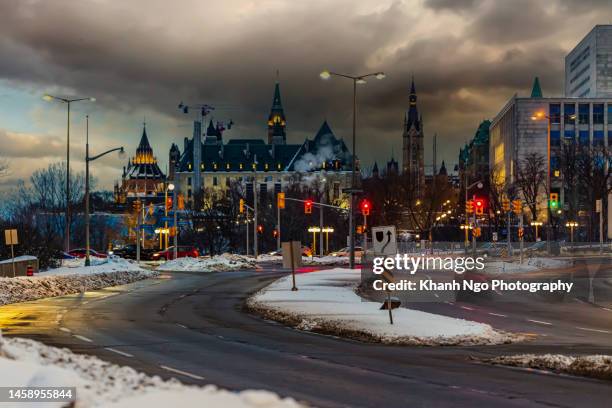 ottawa cityscape downtown at night in winter - ottawa night stock pictures, royalty-free photos & images