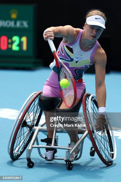 Diede De Groot of Netherlands plays a backhand in the Women's Wheelchair Singles against Kgothatso Montjane of South Africa during day nine of the...