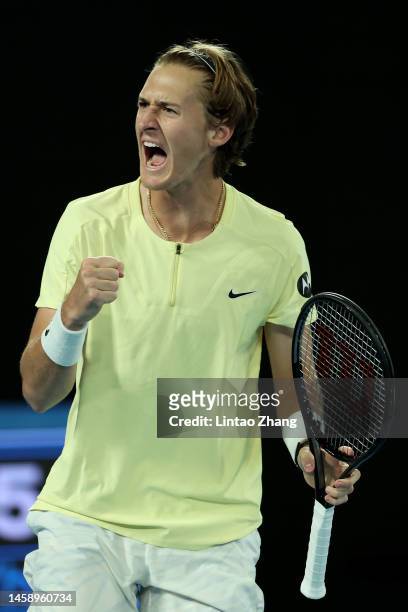 Sebastian Korda of the United States celebrates in the quarterfinal singles match against Karen Khachanov of Russia during day nine of the 2023...