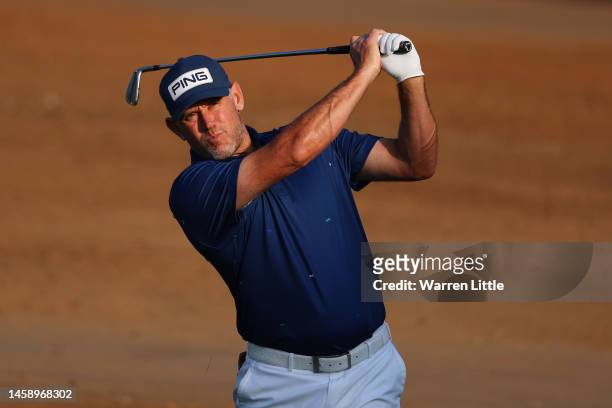 Lee Westwood of England plays a shot during the Pro-Am prior to the Hero Dubai Desert Classic at Emirates Golf Club on January 24, 2023 in Dubai,...