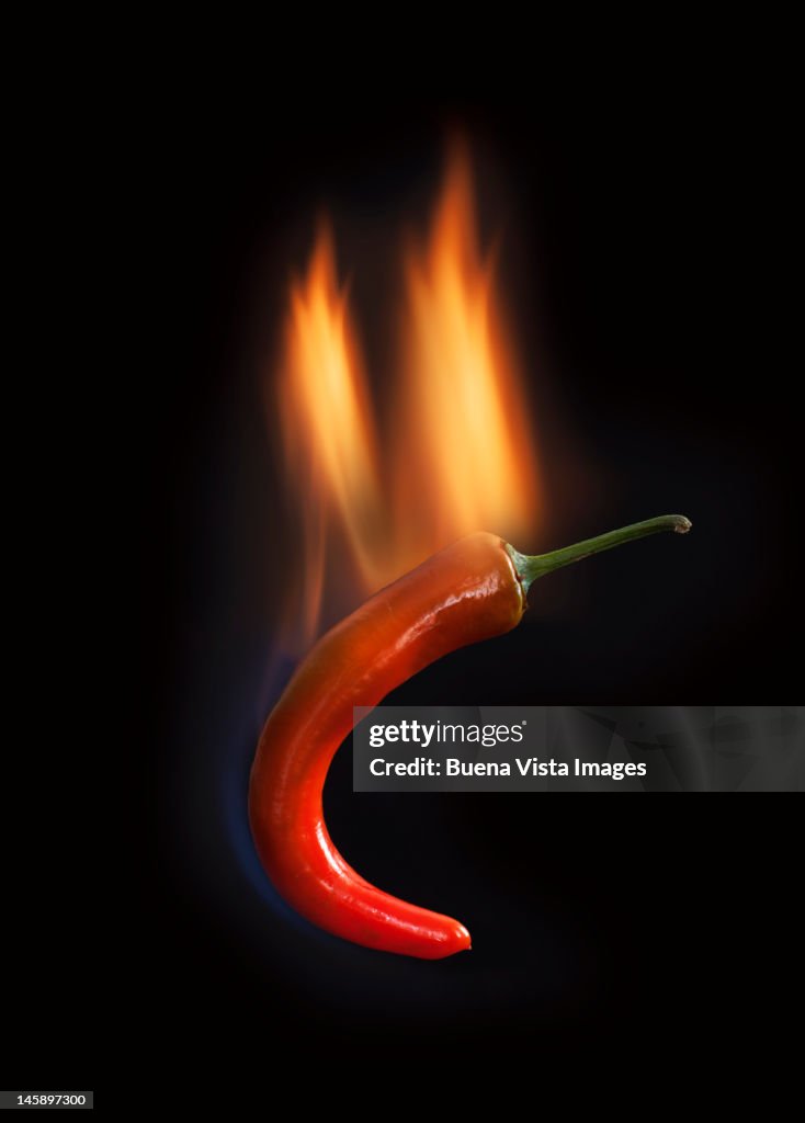 Red chili burning in flames