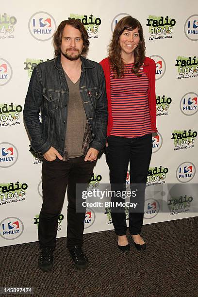 Brian Aubert and Nikki Monninger from the band Silversun Pickups pose at Radio Station 104.5 iHeartRadio Performance Theater June 7, 2012 in Bala...