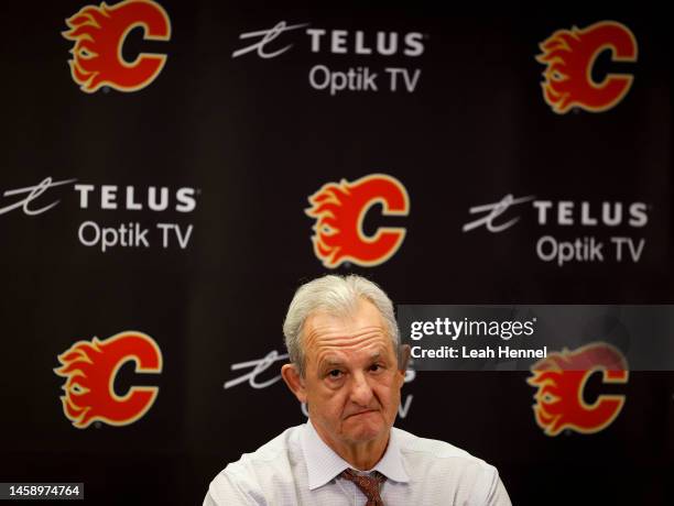 Calgary Flames head coach Darryl Sutter speaks with media after the Calgary Flames won 4-3 in overtime against the Columbus Blue Jackets at the...