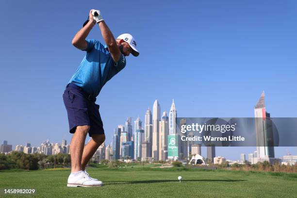 Andy Sullivan of England tees off during the Pro-Am prior to the Hero Dubai Desert Classic at Emirates Golf Club on January 24, 2023 in Dubai, United...