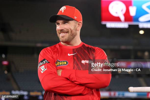 Aaron Finch of the Renegades looks on during the Men's Big Bash League match between the Melbourne Renegades and the Adelaide Strikers at Marvel...
