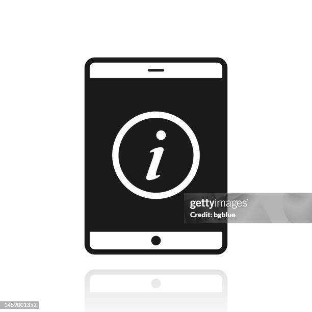 tablet pc with information sign. icon with reflection on white background - interactive kiosk stock illustrations