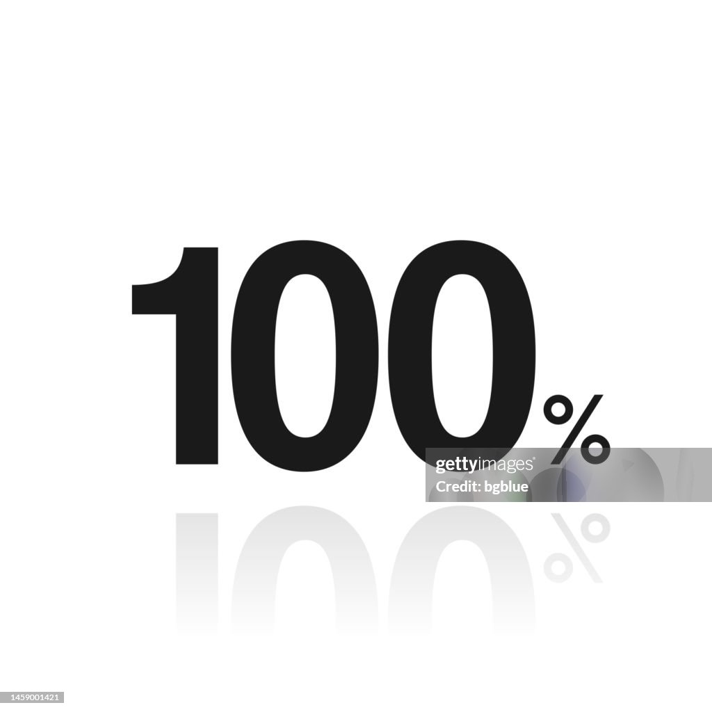 100% - One hundred percent. Icon with reflection on white background