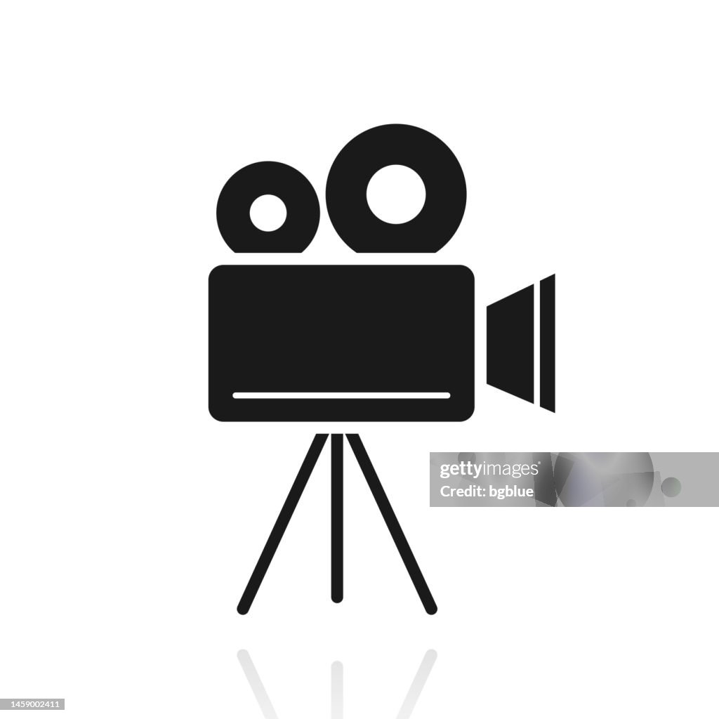 Movie camera with tripod. Icon with reflection on white background