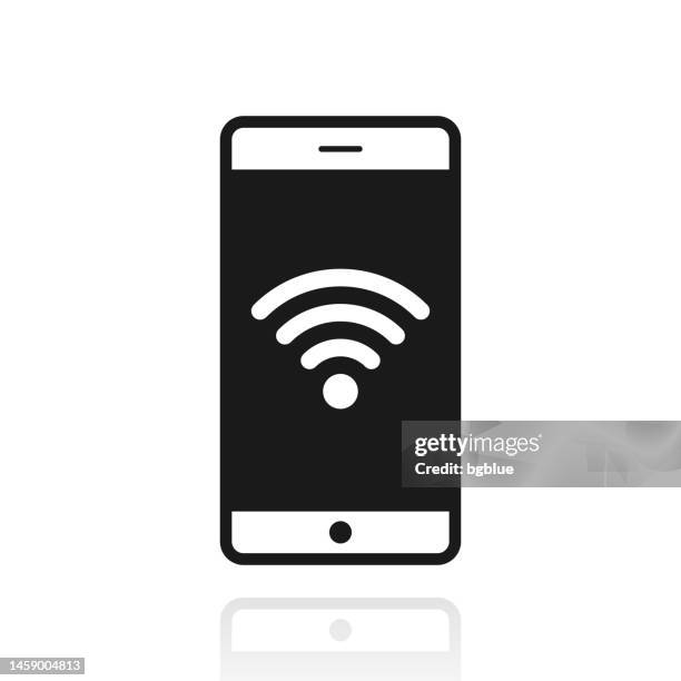 smartphone with wifi. icon with reflection on white background - white data wave stock illustrations