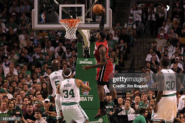 LeBron James of the Miami Heat dunks in the first quarter against the Boston Celtics in Game Six of the Eastern Conference Finals in the 2012 NBA...