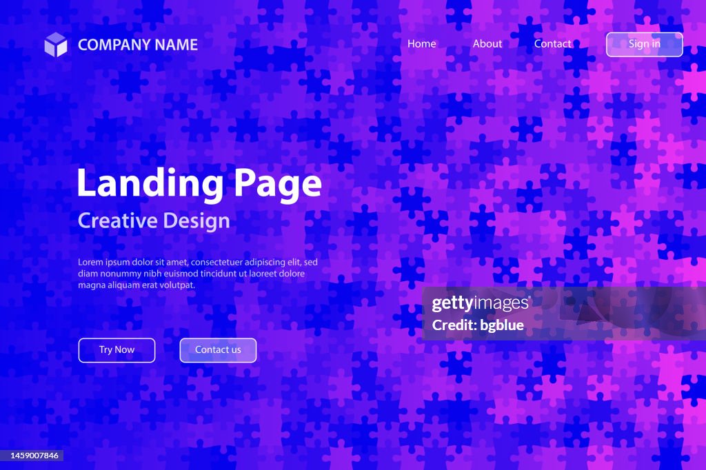 Landign page Template - Purple abstract background with jigsaw puzzle