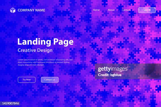 landign page template - purple abstract background with jigsaw puzzle - digital marketing tools stock illustrations