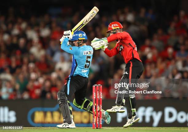 Alex Carey of the Strikers bats during the Men's Big Bash League match between the Melbourne Renegades and the Adelaide Strikers at Marvel Stadium,...