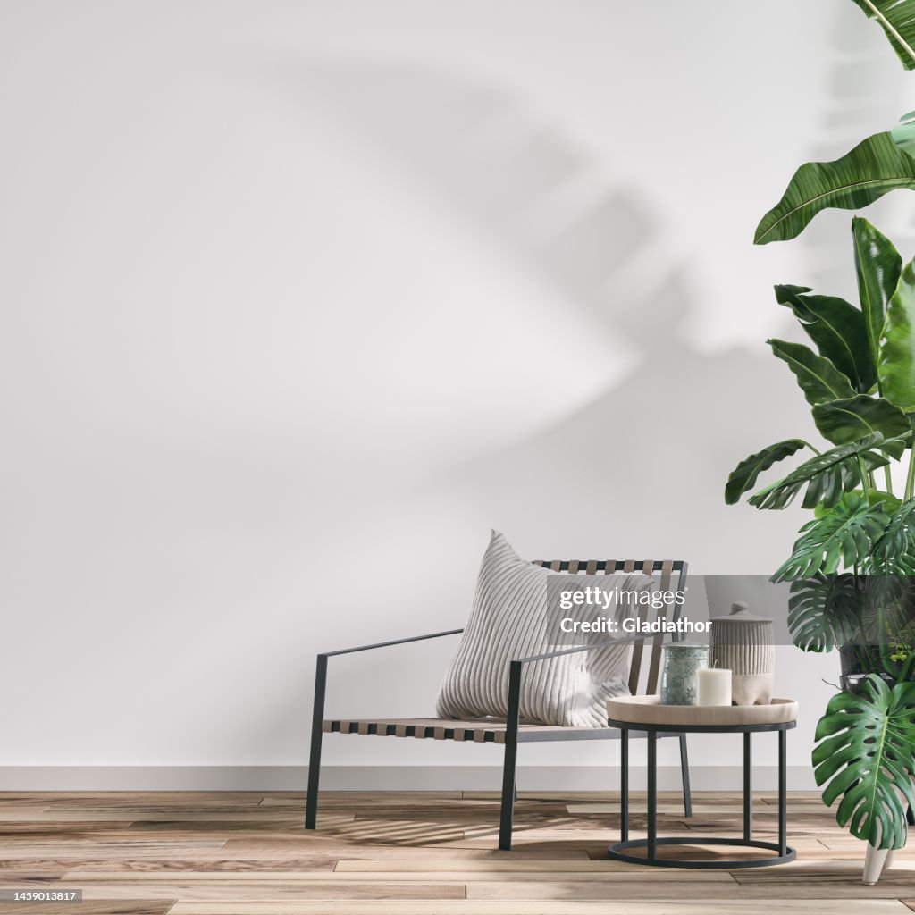 Empty cozy retro interior with a chair and potted plants, 70 - 80s decoration