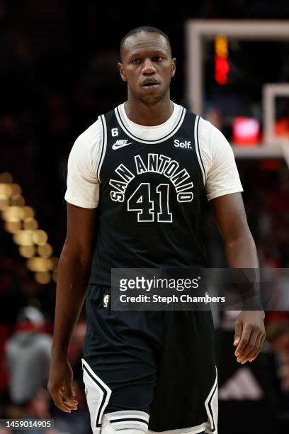 Gorgui Dieng of the San Antonio Spurs looks on during the fourth quarter against the Portland Trail Blazers at Moda Center on January 23, 2023 in...