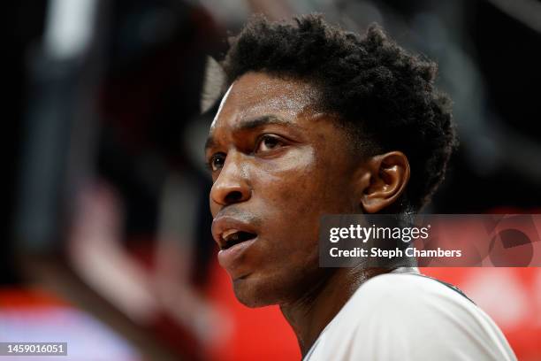 Stanley Johnson of the San Antonio Spurs looks on during the second quarter against the Portland Trail Blazers at Moda Center on January 23, 2023 in...