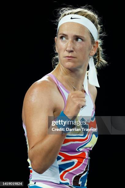 Victoria Azarenka of Belarus celebrates winning set point in the quarterfinal singles match against Jessica Pegula of the United States during day...