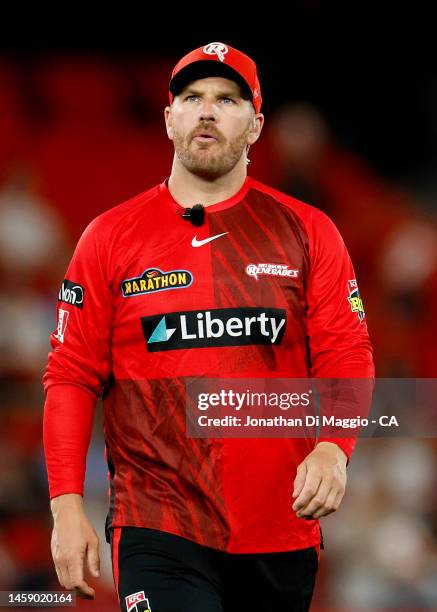 Aaron Finch of the Renegades looks on during the Men's Big Bash League match between the Melbourne Renegades and the Adelaide Strikers at Marvel...