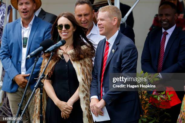 New Zealand Prime Minister Jacinda Ardern and Incoming Labour leader and Prime Minister, Chris Hipkins, look on during Rātana Celebrations on January...