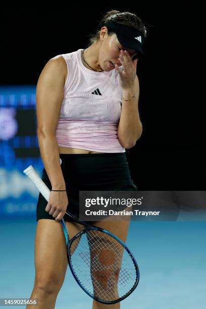 Jessica Pegula of the United States reacts in the quarterfinal singles match against Victoria Azarenka of Belarus during day nine of the 2023...