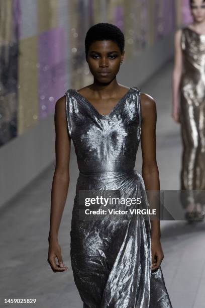 Model walks the runway during the Dior Haute Couture Spring/Summer 2023 fashion show as part of the Paris Haute Couture Week on January 23, 2023 in...