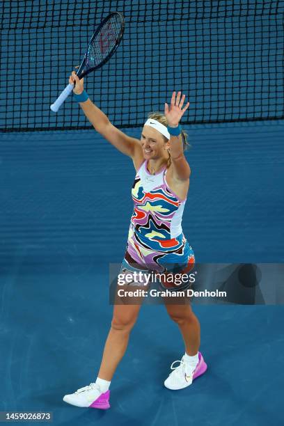 Victoria Azarenka of Belarus celebrates winning in the quarterfinal singles match against Jessica Pegula of the United States during day nine of the...
